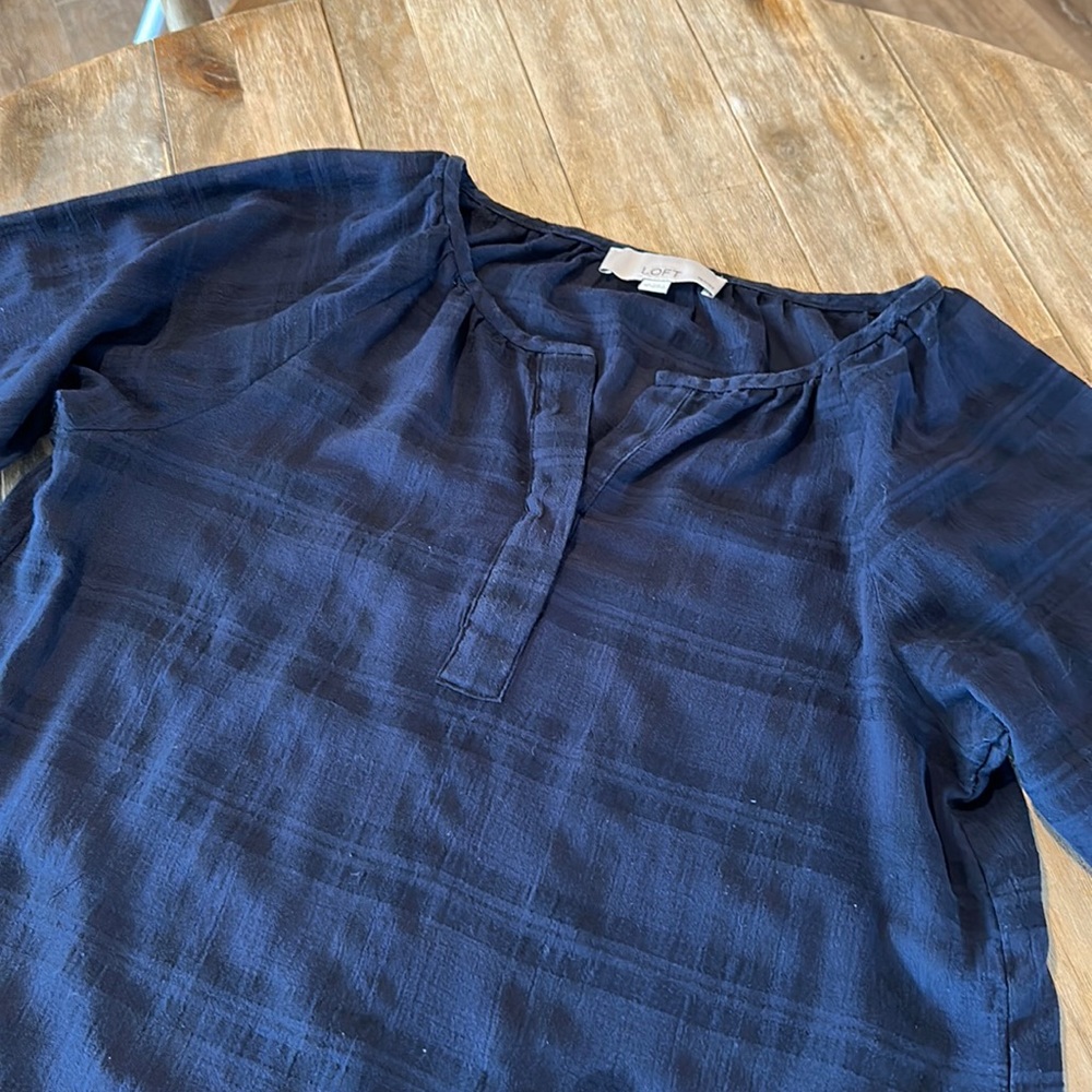 Loft navy blue plaid tunic, size medium petite
